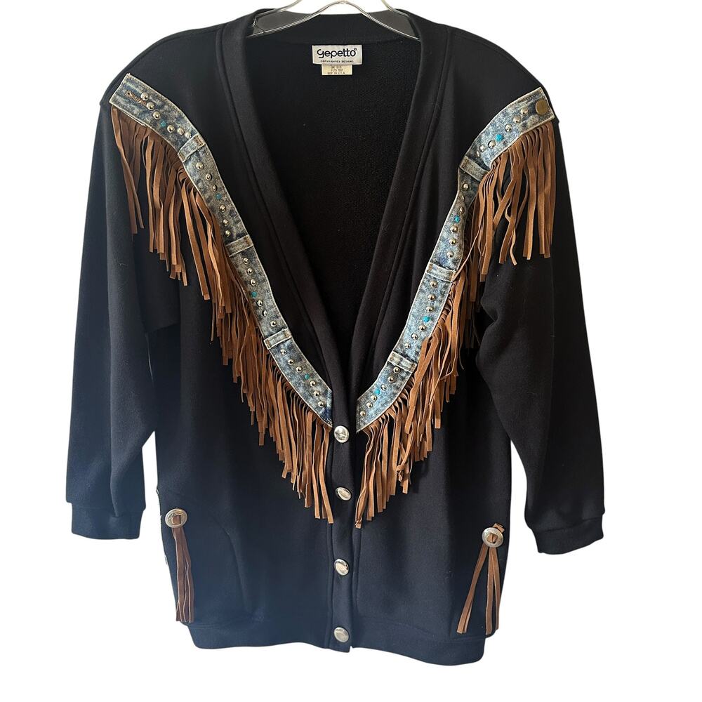 Gepetto Vintage Western Jacket Womens OS Large Black Fringe Conch Studs Cowgirl